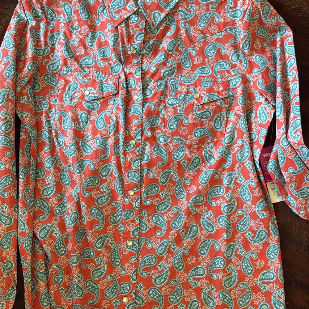 Wrangler Coral Paisley Button-Down Shirt with Teal Accents